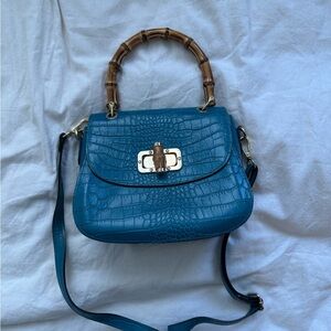 Turquoise Croc Leather bamboo top handle bag